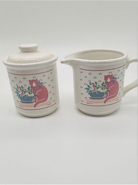 Vintage 80s Le Chat Vermillion Ceramic Pink Cat Cream and Sugar Coffee Tea Set